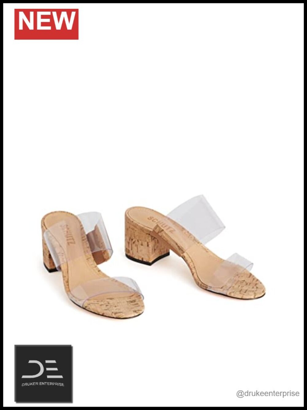 Women's Heeled Sandals Slip-On Double Strap Block Mid Heel Vinyl Cork